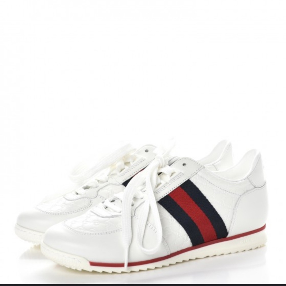 Gucci Men’s White Leather Sneakers with Red & Navy Stripe